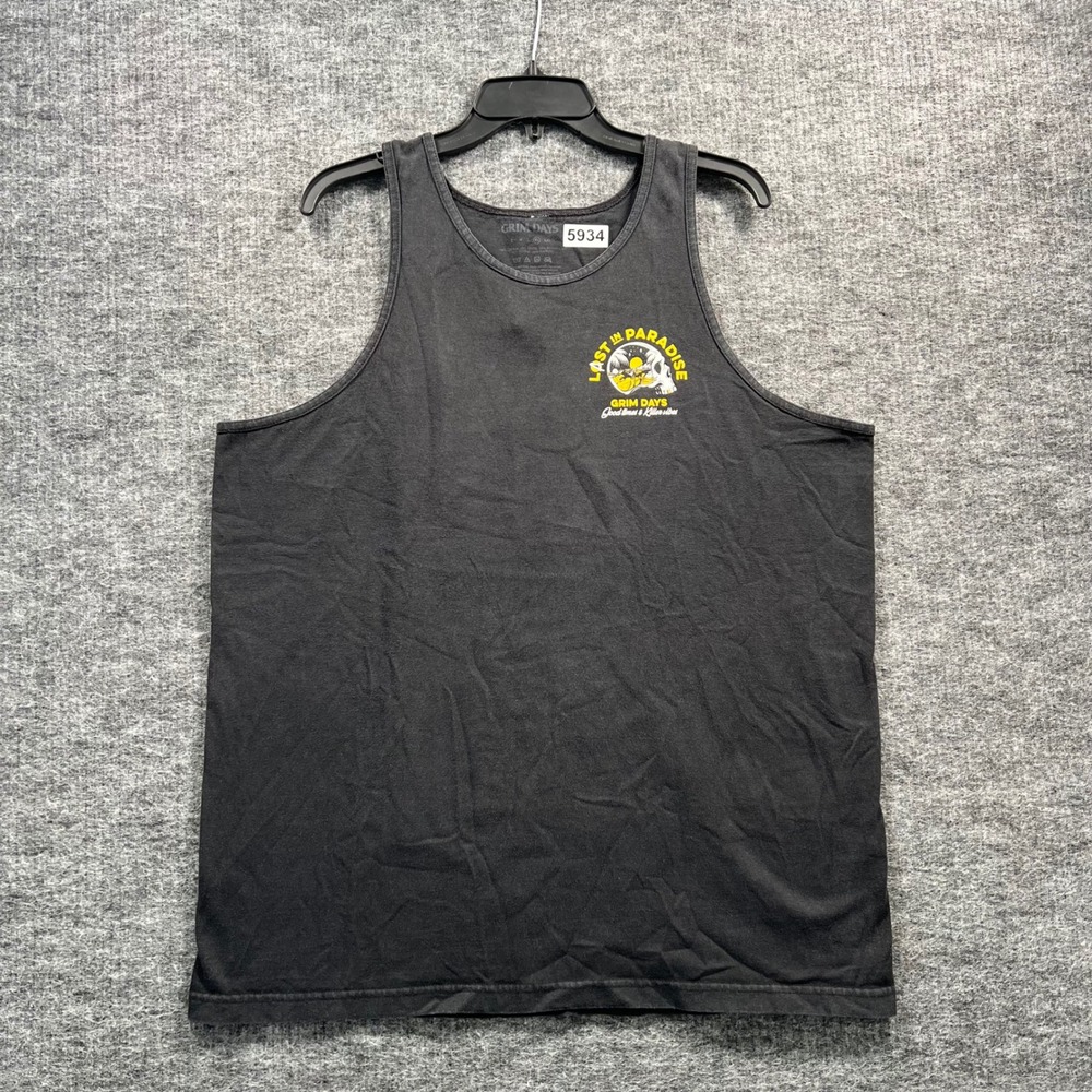 Grim Days Last in Paradise Graphic Tank Top Mens XL Black Skull Tropical 5934